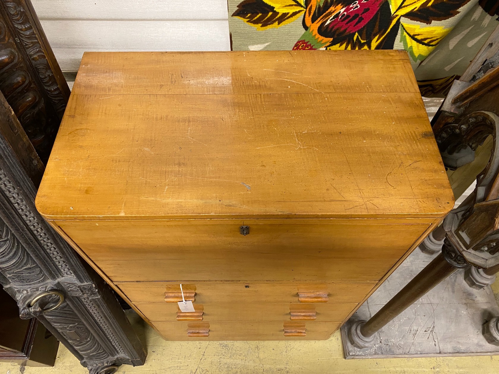 A mid century three drawer escritoire, width 68cm, depth 39cm, height 109cm